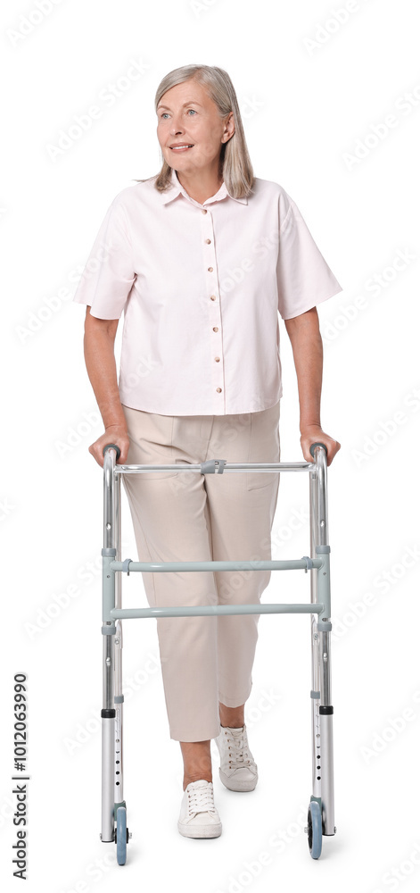 Senior woman using walking frame on white background Senior woman using walking frame on white background