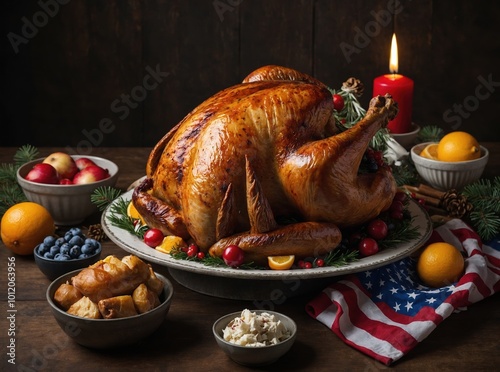 Golden roasted turkey slices attractively arranged with the iconic American flag backdrop
