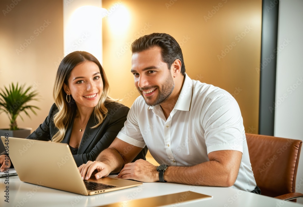 A diverse team of partners, including a mature Latin businessman and a European businesswoman, is discussing a project on a laptop at the office. A diverse team of partners, including a mature Latin businessman and a European businesswoman, is discussing a project on a laptop at the office.