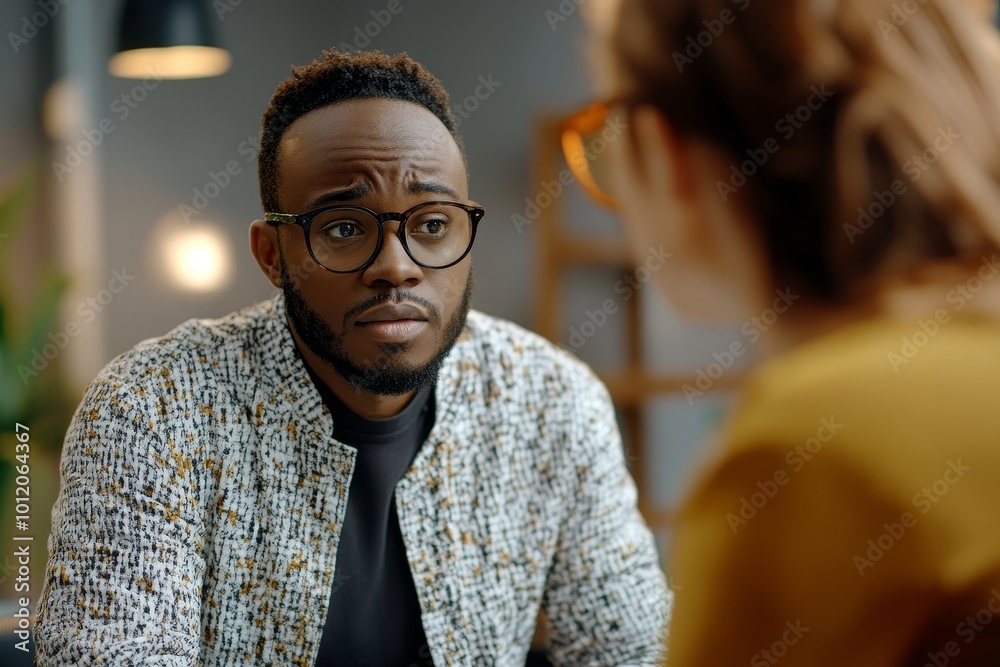 Young Black psychiatrist in glasses talking to client in online therapy session and talking notes, Generative AI Young Black psychiatrist in glasses talking to client in online therapy session and talking notes, Generative AI