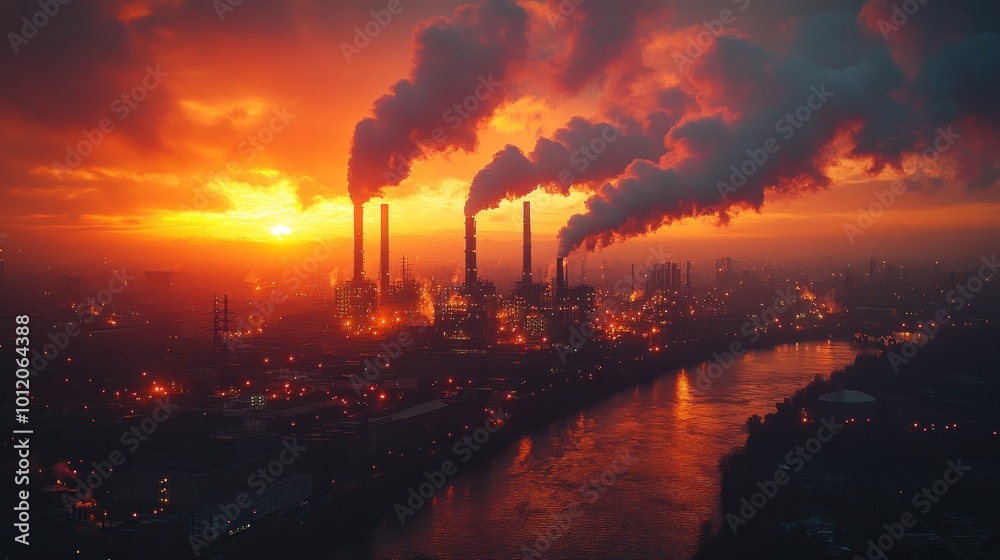 Aerial view of a city with smoke stacks bellowing at sunset.