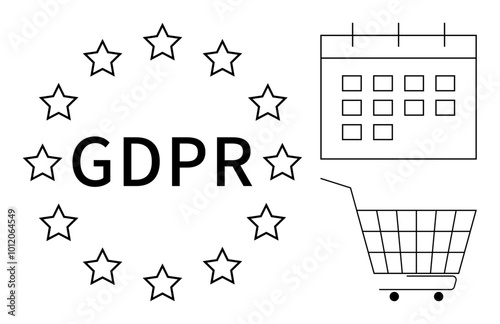 GDPR text surrounded by stars, a calendar, and a shopping cart ideal for themes of data protection, compliance, ecommerce, privacy, and regulations. Line art style