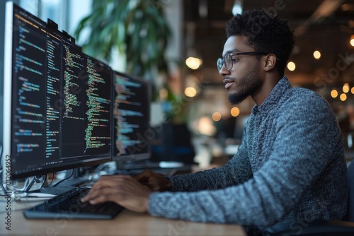 Side view of young African American software developer typing on keyboard while writing code for application in modern office, copy space, Generative AI