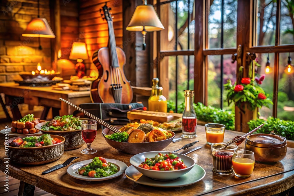 Delicious meal on a table with musical instruments creating a cozy dining and music experience Delicious meal on a table with musical instruments creating a cozy dining and music experience