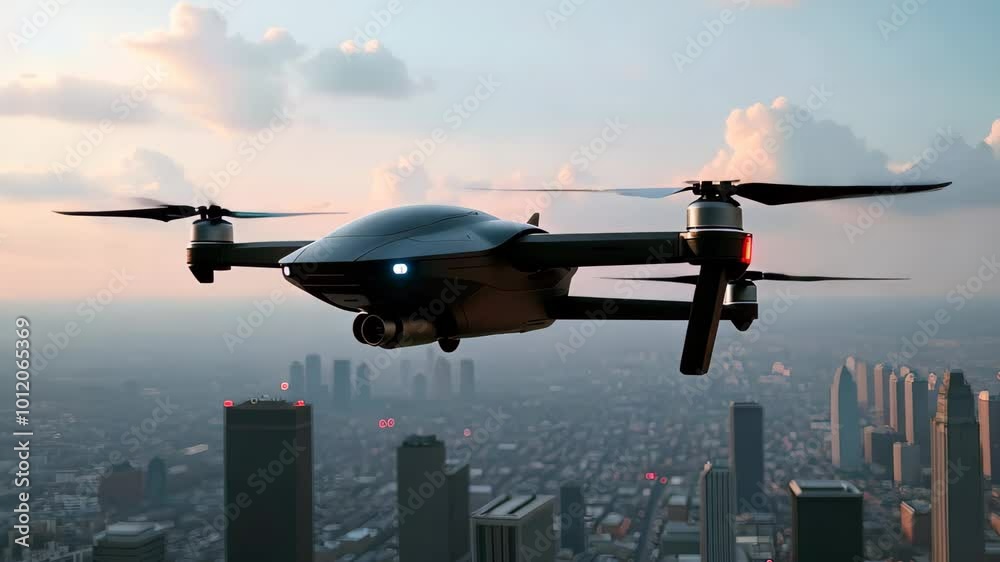 Futuristic black drone is flying in the sky over modern city, air transportation and robotaxi concept