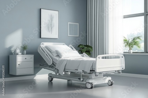 White hospital interior medical bed with cabinet and mock up frame, Generative AI