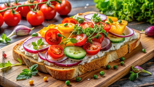 Delicious Open Sandwich on White Bread with Fresh Ingredients and Colorful Vegetables for Lunch