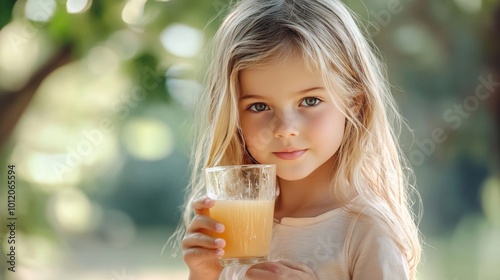 Blonde girl poses with apple juice, face in focus.