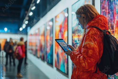 Unrecognizable people scanning QR code using smartphones to get more information about photo on wall at exhibition, Generative AI