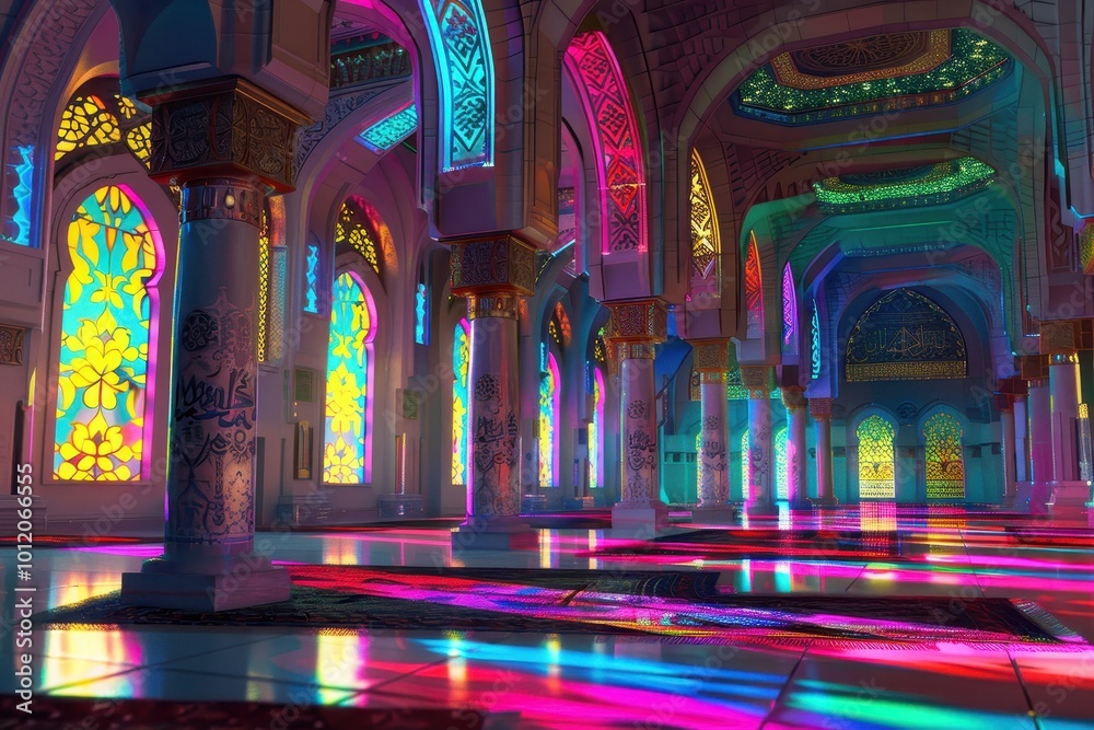 Obraz premium Vibrant interior of a historic mosque showcasing intricate stained glass windows and colorful reflections on polished floors