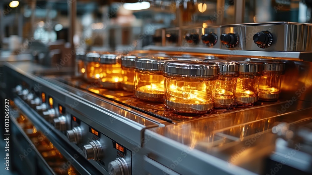 Close-up of a row of glass jars with warm yellow light illuminating the interior of a professional kitchen, on a stainless steel counter with controls. Close-up of a row of glass jars with warm yellow light illuminating the interior of a professional kitchen, on a stainless steel counter with controls.