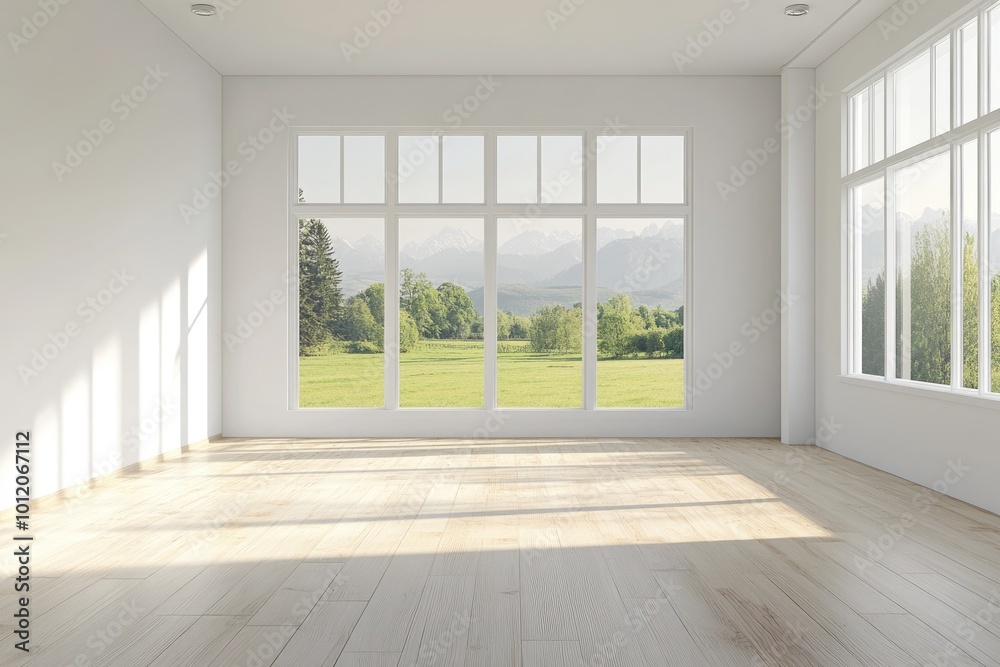 Fototapeta premium Modern Minimalist Living Room with Panoramic View of Countryside