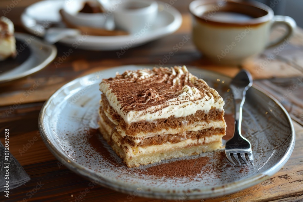 Delicious slice of tiramisu served on a rustic plate alongside a cup of coffee in a cozy cafe in the afternoon Delicious slice of tiramisu served on a rustic plate alongside a cup of coffee in a cozy cafe in the afternoon