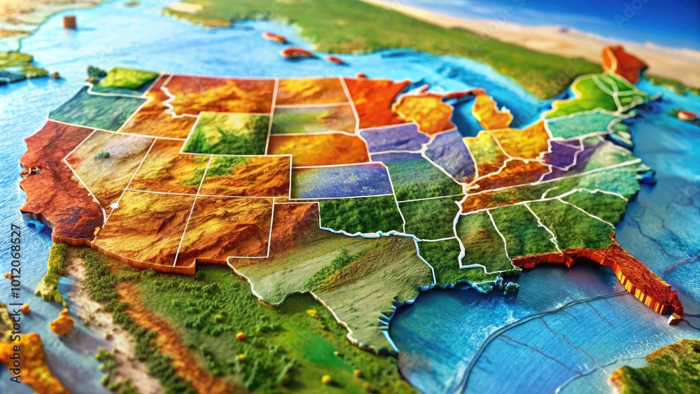 Detailed 3D Map of the United States Featuring Geographic Regions and State Boundaries for Design Use Detailed 3D Map of the United States Featuring Geographic Regions and State Boundaries for Design Use