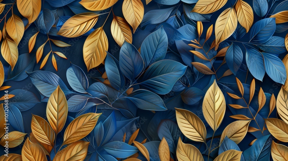 Fototapeta premium Gilded Elegance Intricate Blue and Gold Leaf Pattern for Stunning Decorative Backgrounds