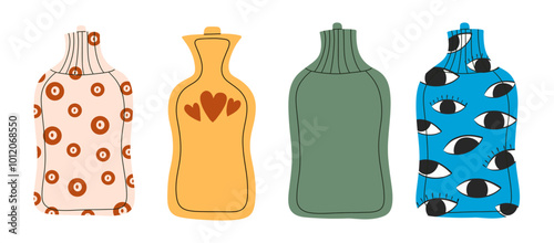 Hot-water bottle vector hand draw set illustrations. Funny colorful warm bottle.