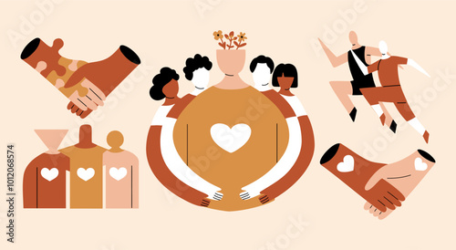 Conceptual set of illustrations about mutual support, inclusion, friendliness and solidarity. 
Icons about empathy, charity and friendship. Vector illustration