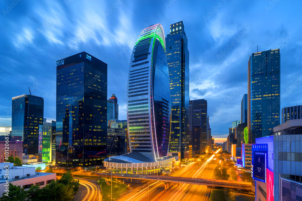 The KAFD buildings in Riyadh, Saudi Arabia, during blue hour. The KAFD buildings in Riyadh, Saudi Arabia, during blue hour.