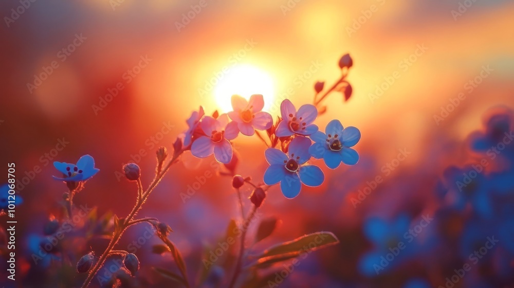 Blue flower at sunset glow