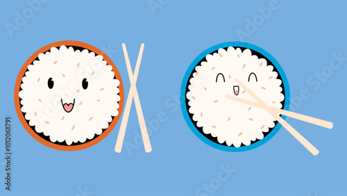 Cartoon rice in a plate with chopsticks. Traditional Asian food. Japanese or Chinese vegetarian dish with white rice. Vector illustration.