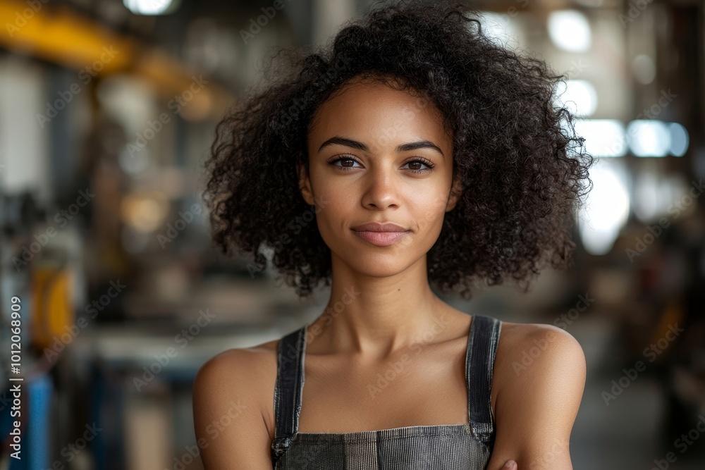 Head and shoulders portrait of contemporary mixed-race woman posing in factory workshop at looking at camera, copy space, Generative AI Head and shoulders portrait of contemporary mixed-race woman posing in factory workshop at looking at camera, copy space, Generative AI