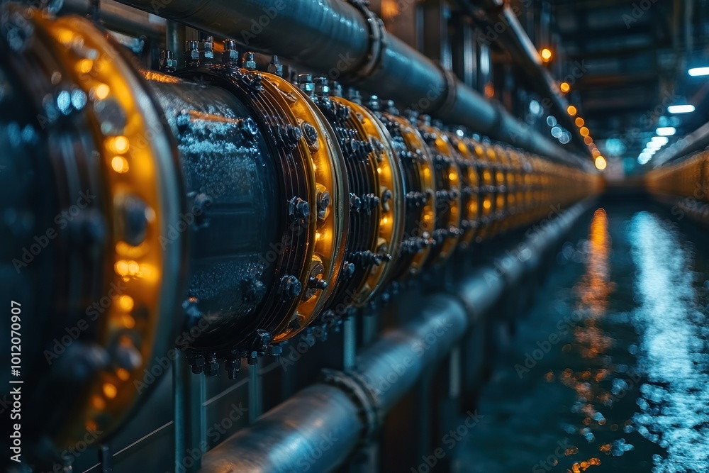 Industrial pipes with glowing lights and water in the background. Industrial pipes with glowing lights and water in the background.
