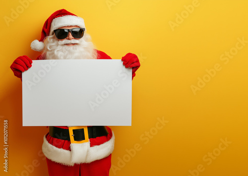 Santa Claus wearing sunglasses peeking from behind a white blank poster, against a yellow background, with copy space.