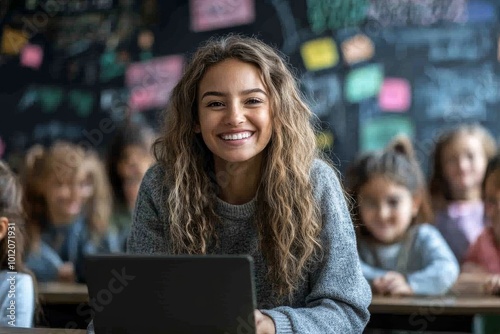 Smiling female teacher and diverse group of kids engaging in lesson using laptop sitting at table in classroom with blackboard, Generative AI