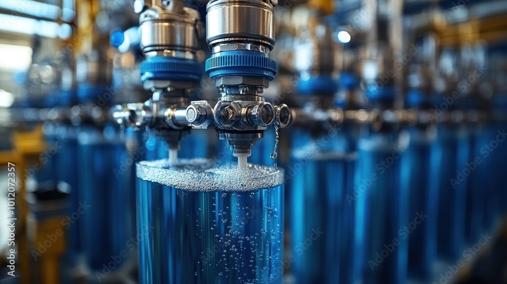 A close-up of a liquid filling machine in a factory. The machine is filling clear blue liquid into cylindrical containers. A close-up of a liquid filling machine in a factory. The machine is filling clear blue liquid into cylindrical containers.