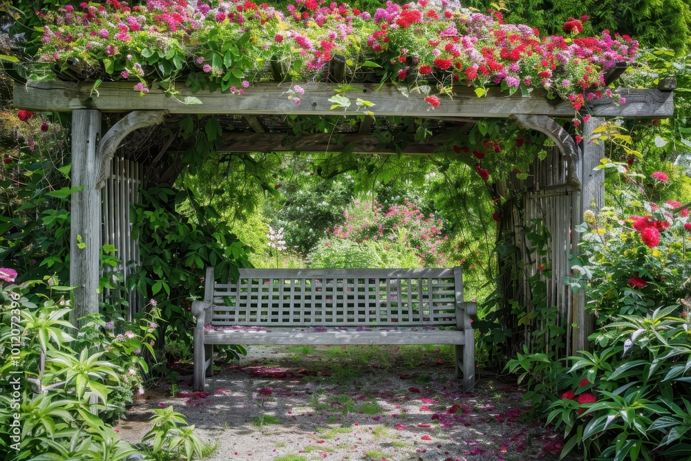 A serene garden nook adorned with vibrant bougainvillea blossoms surrounding a wooden bench in full bloom during springtime A serene garden nook adorned with vibrant bougainvillea blossoms surrounding a wooden bench in full bloom during springtime
