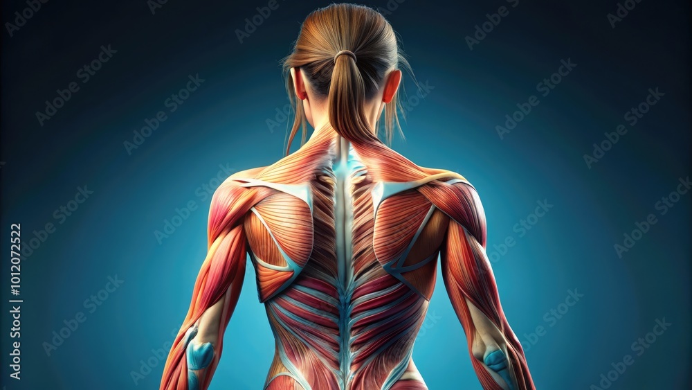 Detailed Anatomy Illustration of the Female Back with Muscles, Bones, and Organs for Educational Use Detailed Anatomy Illustration of the Female Back with Muscles, Bones, and Organs for Educational Use