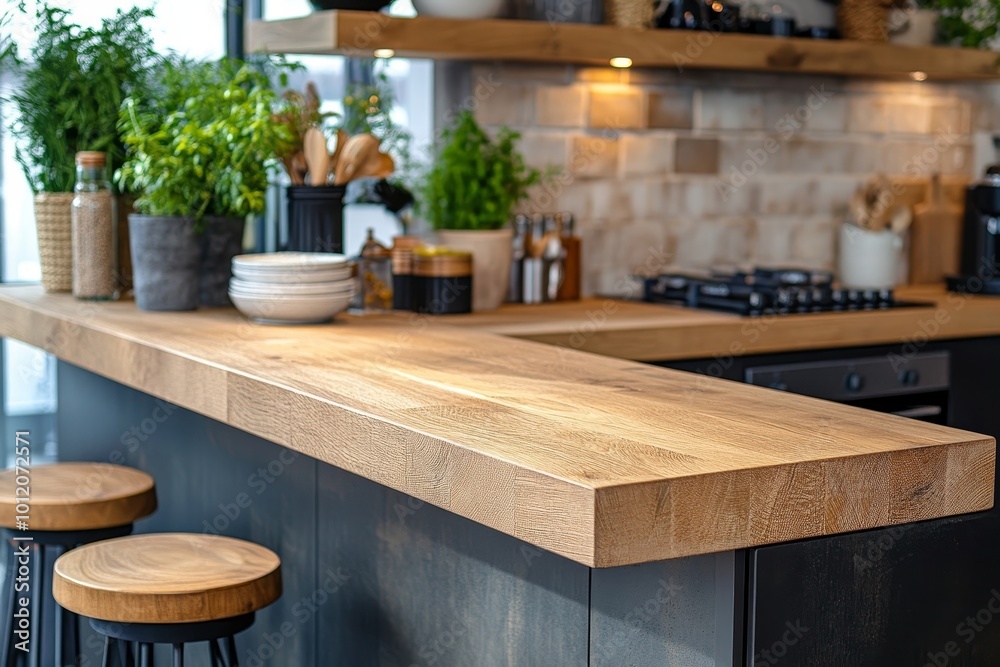 Light kitchen interior with eating and cooking space near window. Mockup frame, Generative AI Light kitchen interior with eating and cooking space near window. Mockup frame, Generative AI