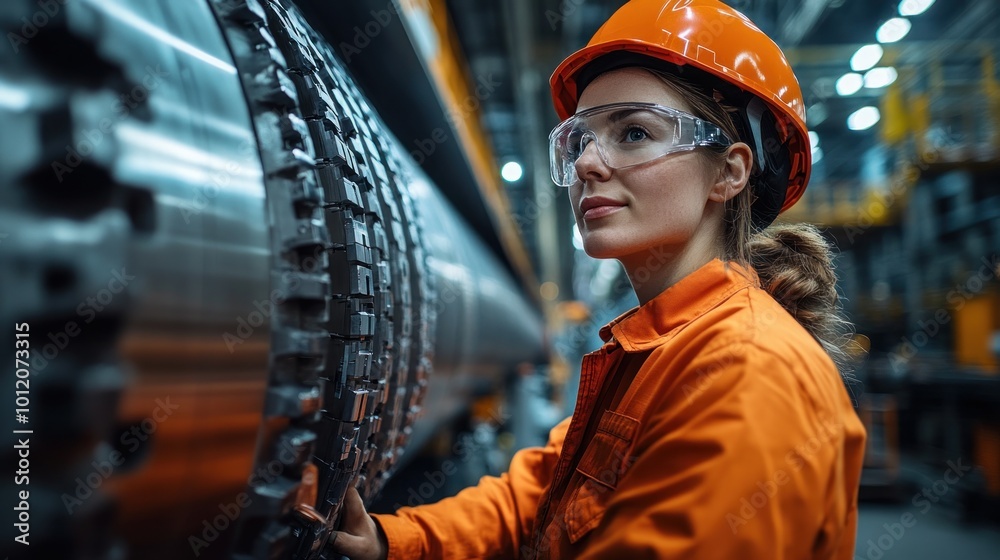 A female engineer in an orange jumpsuit and safety glasses inspects a large metal pipe in a factory. A female engineer in an orange jumpsuit and safety glasses inspects a large metal pipe in a factory.