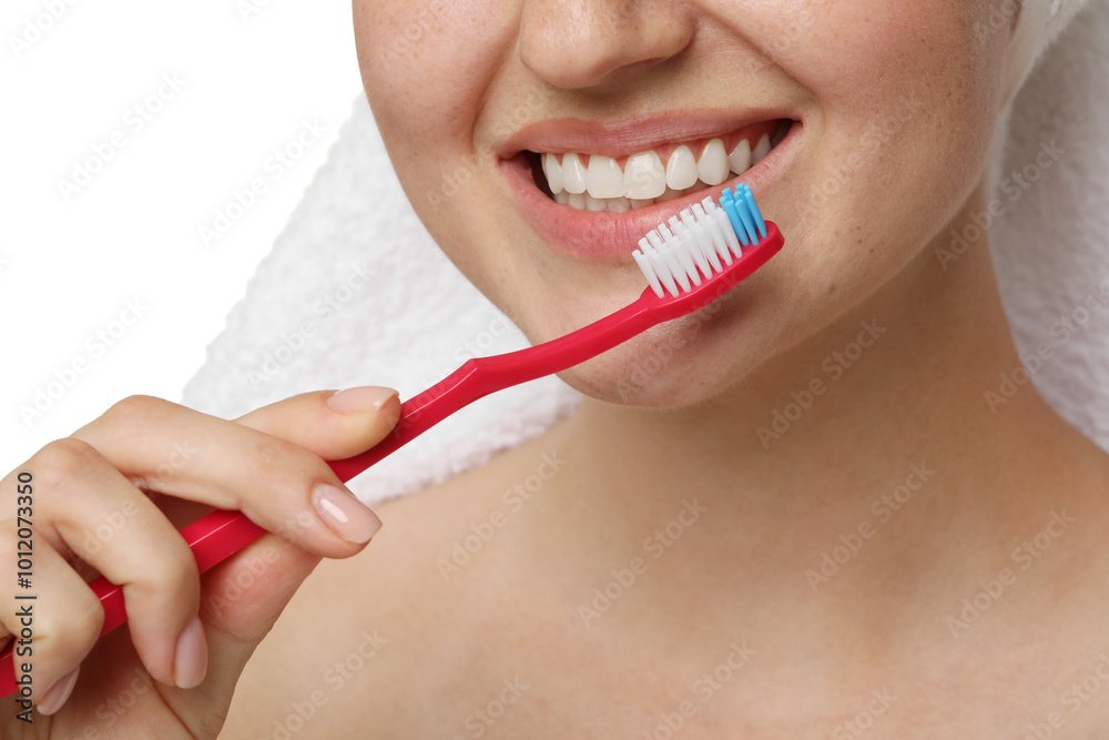 Woman brushing her teeth on white background, closeup Woman brushing her teeth on white background, closeup