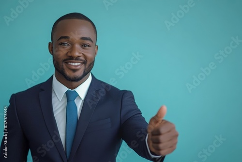 African businessman stretching out hand to shake, empty blue background, Generative AI