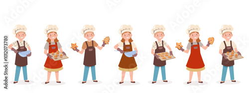 Little kids in chef hats and kitchen aprons baking pie, muffins, cookies, whisking dough in bowl, Christmas gingerbread. Vector illustration of boys and girls with kitchen utensils at cooking.