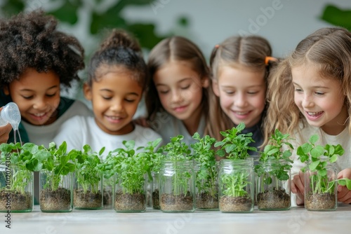 Multiethnic group of happy children looking at green plants in glass jars watering microgreen sprouts using spray bottle during biology class at primary school, copy, Generative AI