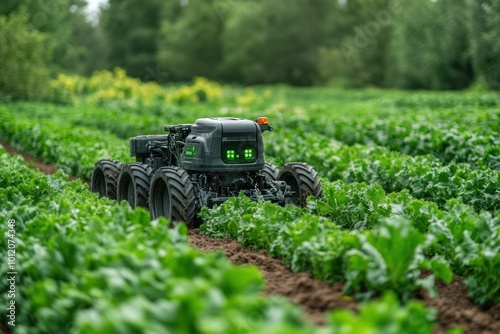 A black autonomous robot tractor drives through a field of green plants.