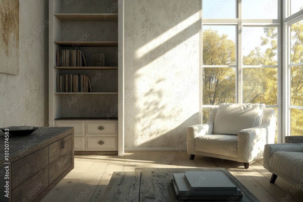 Fototapeta premium Modern Living Space with Beige Tones, Stylish Furniture, and Natural Light