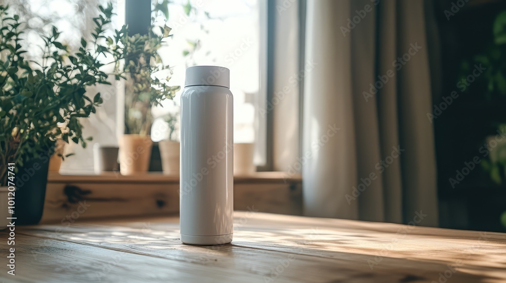 White Thermos Bottle on Wooden Table. AI generated illustration. White Thermos Bottle on Wooden Table. AI generated illustration.