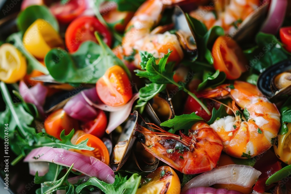 Fresh seafood salad with shrimp, cherry tomatoes, and arugula served on a large platter in a sunlight kitchen setting Fresh seafood salad with shrimp, cherry tomatoes, and arugula served on a large platter in a sunlight kitchen setting