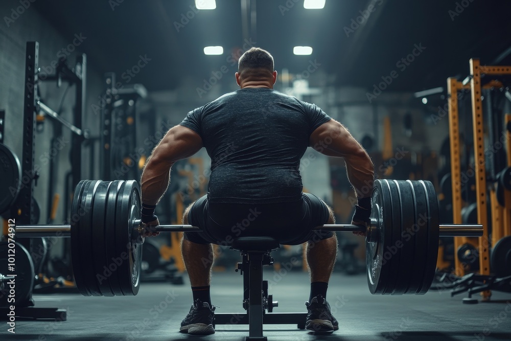 Motivational back view of strong man with disability lifting heavy barbell during workout in gym, copy space, Generative AI Motivational back view of strong man with disability lifting heavy barbell during workout in gym, copy space, Generative AI