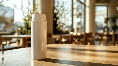 White Thermos Bottle on Wooden Table. AI generated illustration.