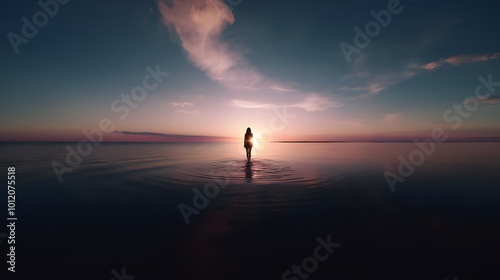 Femme sur étendue d'eau au soleil couchant, plan large