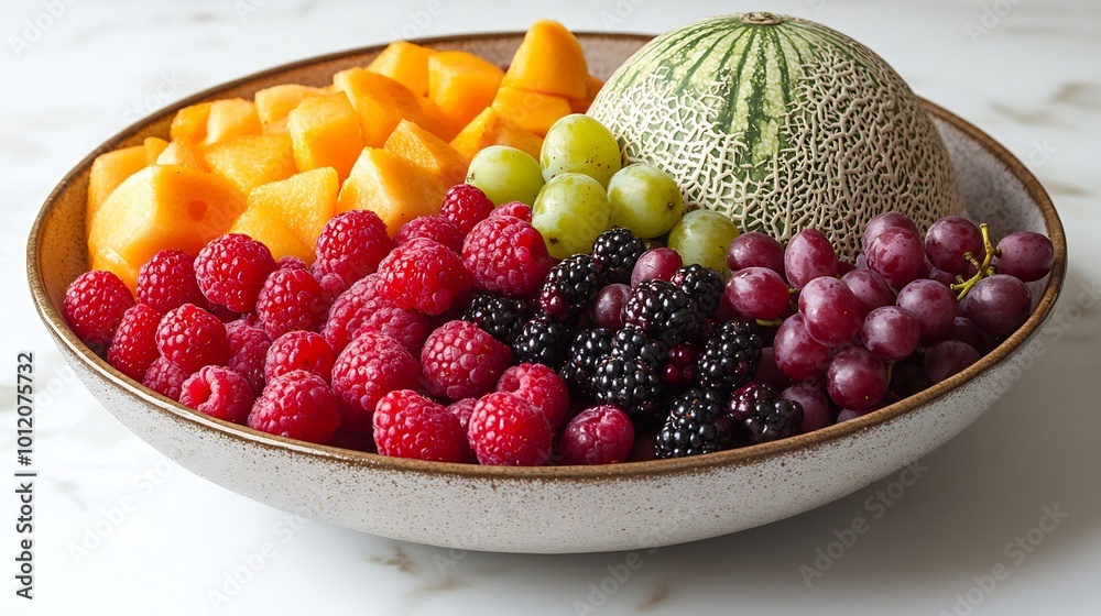 Bowl of fresh mixed fruit including melons grapes and berries isolated on a white background representing healthy eating Bowl of fresh mixed fruit including melons grapes and berries isolated on a white background representing healthy eating