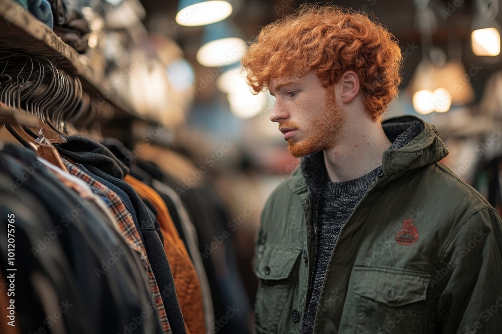 Young red haired man browsing clothes on racks while shopping sustainably in thrift shop, Generative AI Young red haired man browsing clothes on racks while shopping sustainably in thrift shop, Generative AI