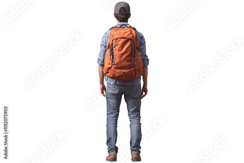 Standing tourist with backpack view from the back on a transparent background