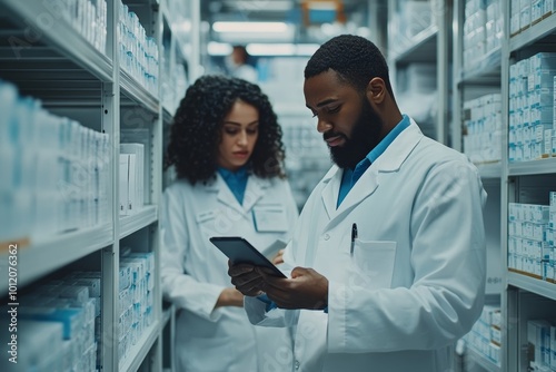 Wallpaper Mural Content experienced multi-ethnic pharmaceutical workers in lab coats standing in storage room with cabinets and using tablet while comparing information about, Generative AI Torontodigital.ca