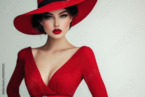 Wallpaper Mural Making variations for image #2 with promptbrunette with an hourglass figure, belt, red dress, lipstick, on a solid white background, photo full body, hat Torontodigital.ca