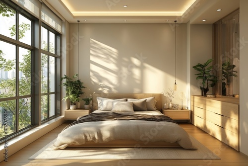 Top view of stylish home bedroom interior with bed and dresser, panoramic window, Generative AI